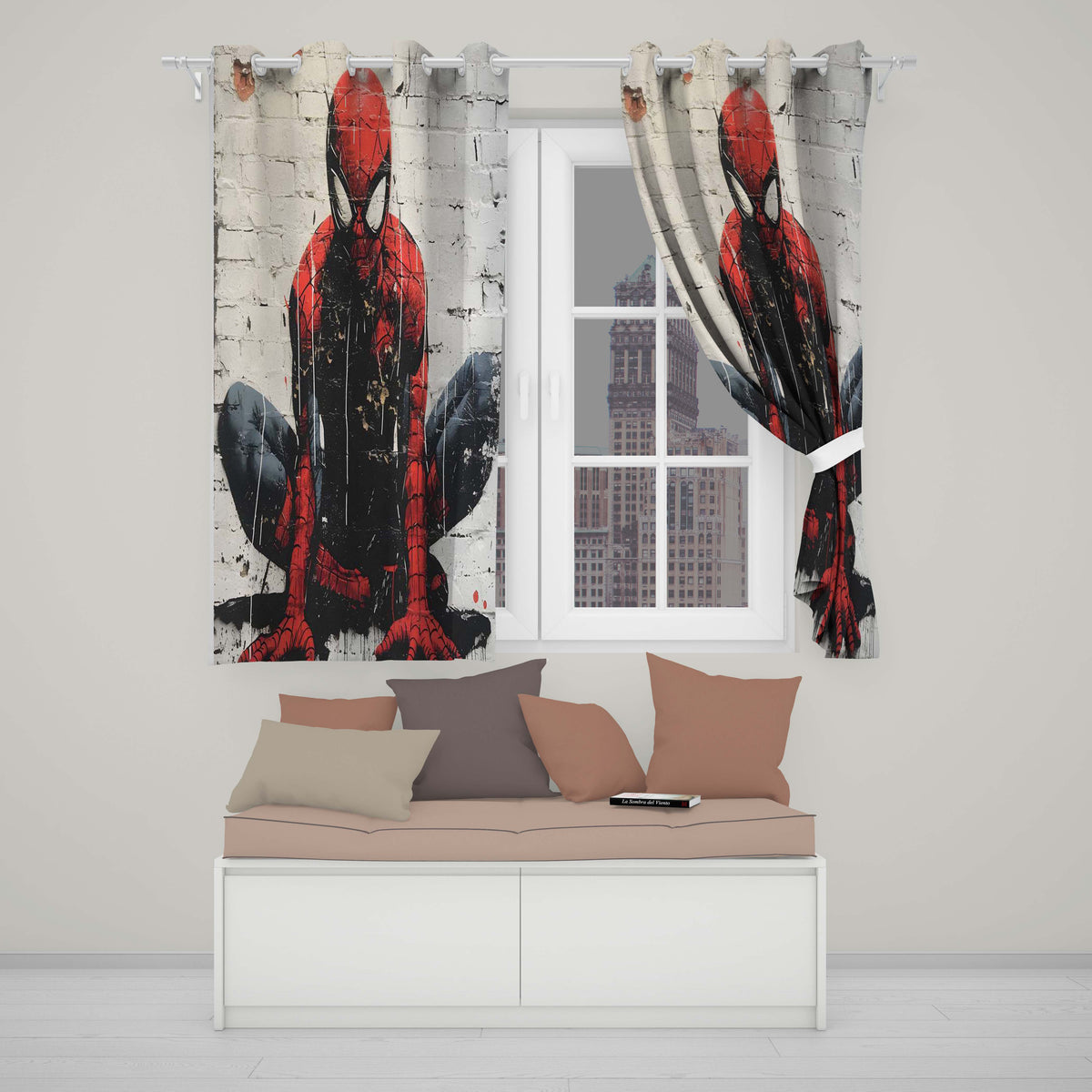 Red Masked Superhero Crouching Urban Graffiti Bold Stylish Artwork for Home Decor Readymade Eyelet Ring Top Thermal 100% Blackout Curtains