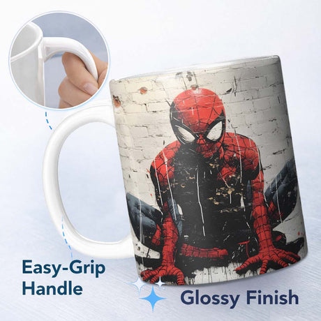 Red Masked Superhero Crouching Urban Graffiti 11oz Ceramic Coffee Tea Mug White Large Handle