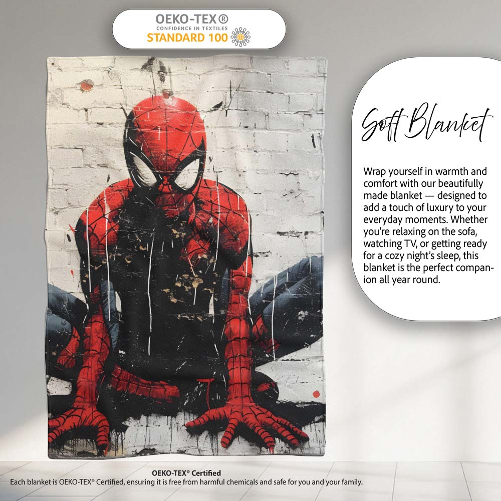 Red Masked Superhero Crouching Urban Graffiti, All Season Comfort, Thoughtful Housewarming Gift - Super Soft Fleece Blanket Bed Sofa Throw