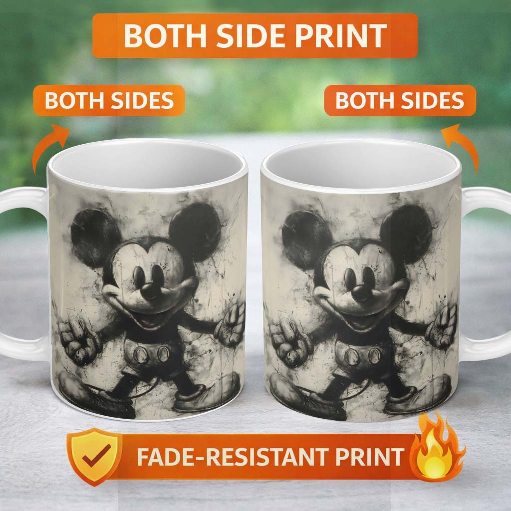 Vintage Cartoon Mouse Monochrome Grunge Illustration 11oz Ceramic Coffee Tea Mug White Large Handle