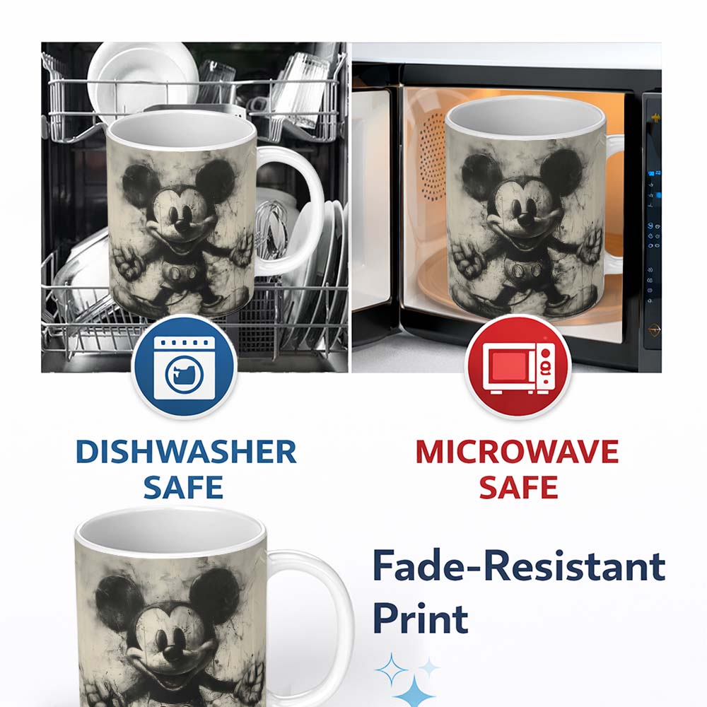 Vintage Cartoon Mouse Monochrome Grunge Illustration 11oz Ceramic Coffee Tea Mug White Large Handle
