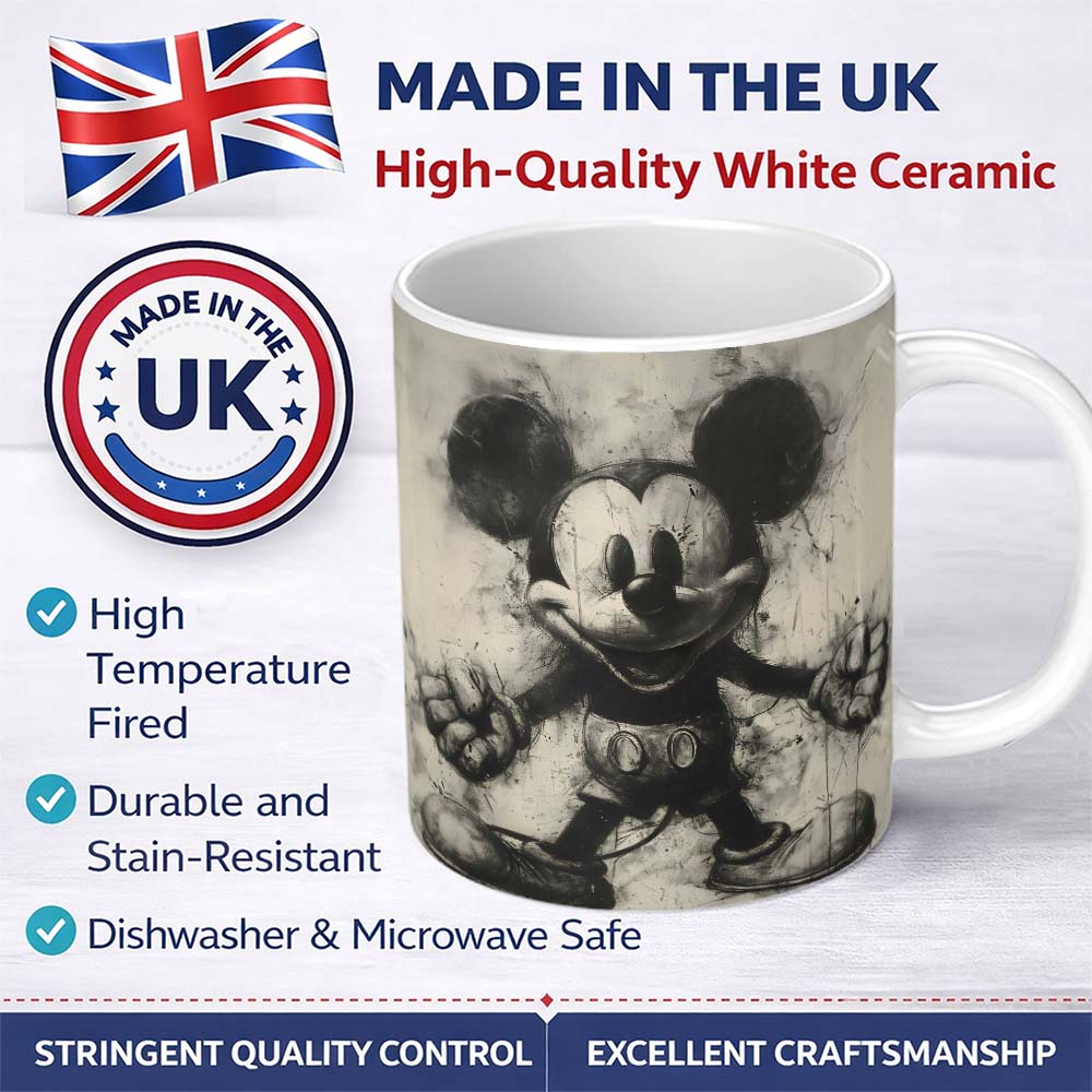Vintage Cartoon Mouse Monochrome Grunge Illustration 11oz Ceramic Coffee Tea Mug White Large Handle