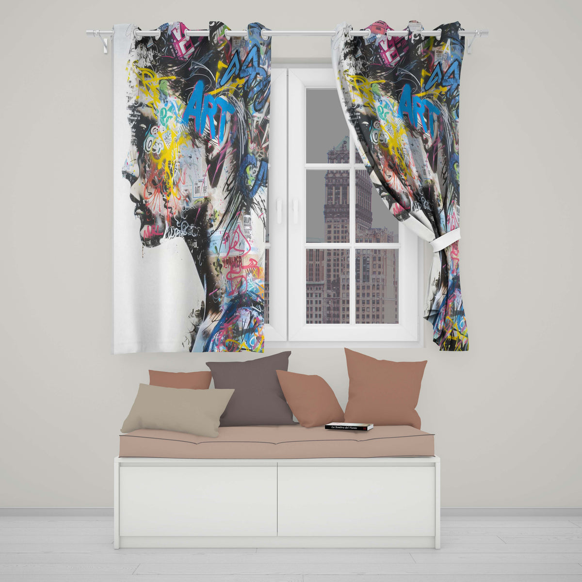 Colourful Graffiti Woman Profile Abstract Collage Distinctive Wall Art Home Decor Readymade Eyelet Ring Top Thermal 100% Blackout Curtains