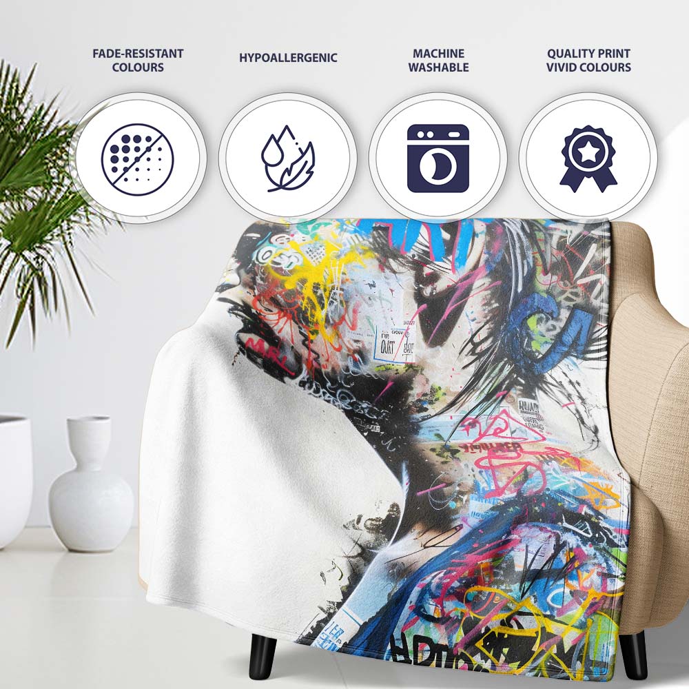 Colourful Graffiti Woman Profile Abstract Collage, All Season Comfort, Comfortable Everyday Use - Super Soft Fleece Blanket Bed Sofa Throw