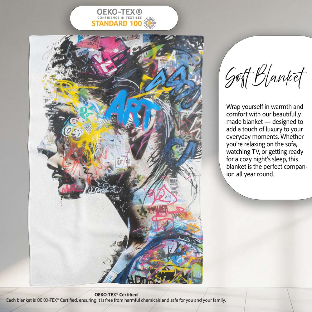 Colourful Graffiti Woman Profile Abstract Collage, All Season Comfort, Comfortable Everyday Use - Super Soft Fleece Blanket Bed Sofa Throw