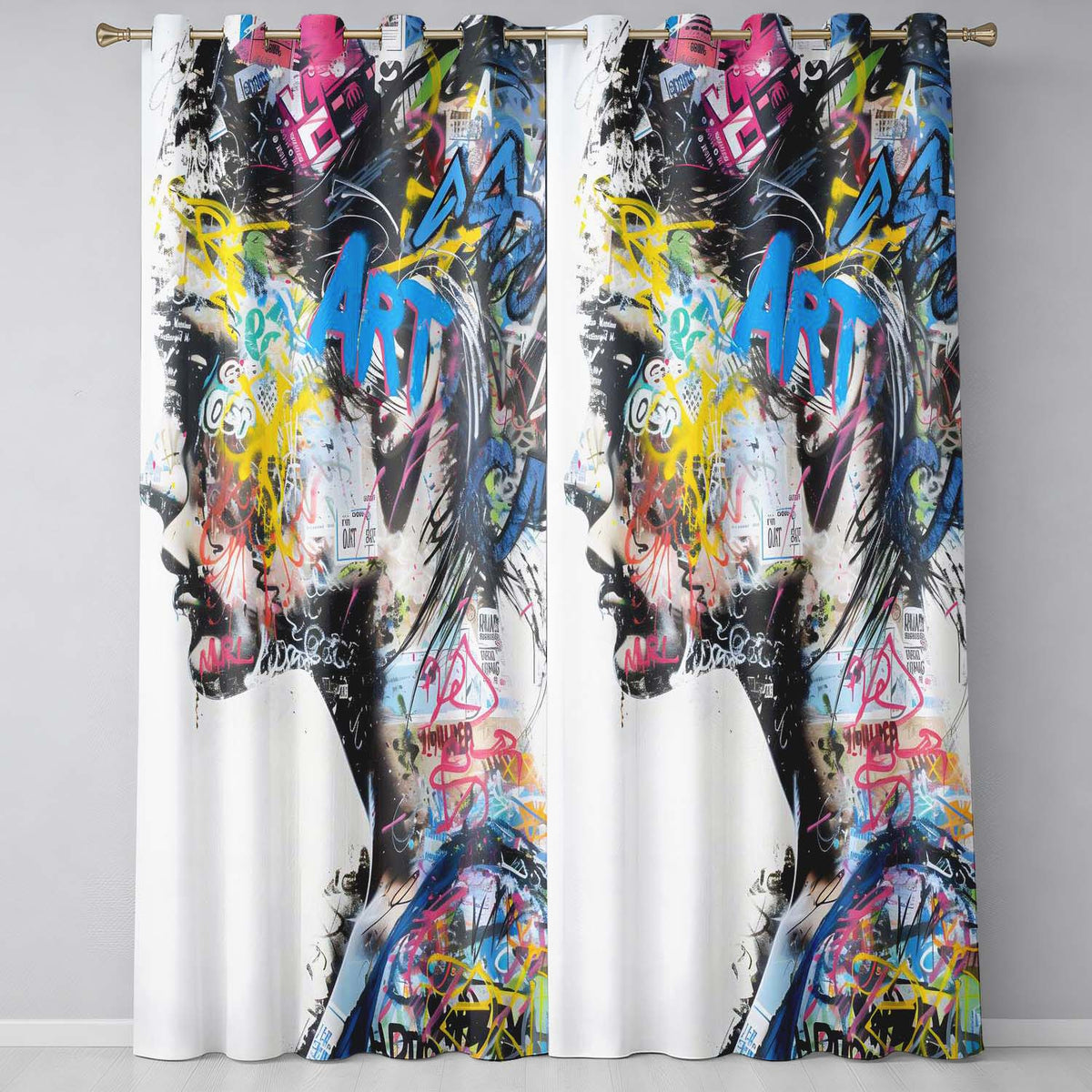 Colourful Graffiti Woman Profile Abstract Collage Distinctive Wall Art Home Decor Readymade Eyelet Ring Top Thermal 100% Blackout Curtains