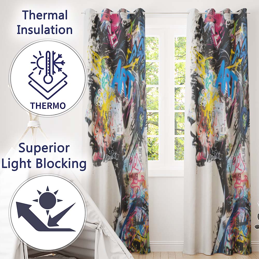 Colourful Graffiti Woman Profile Abstract Collage Distinctive Wall Art Home Decor Readymade Eyelet Ring Top Thermal 100% Blackout Curtains