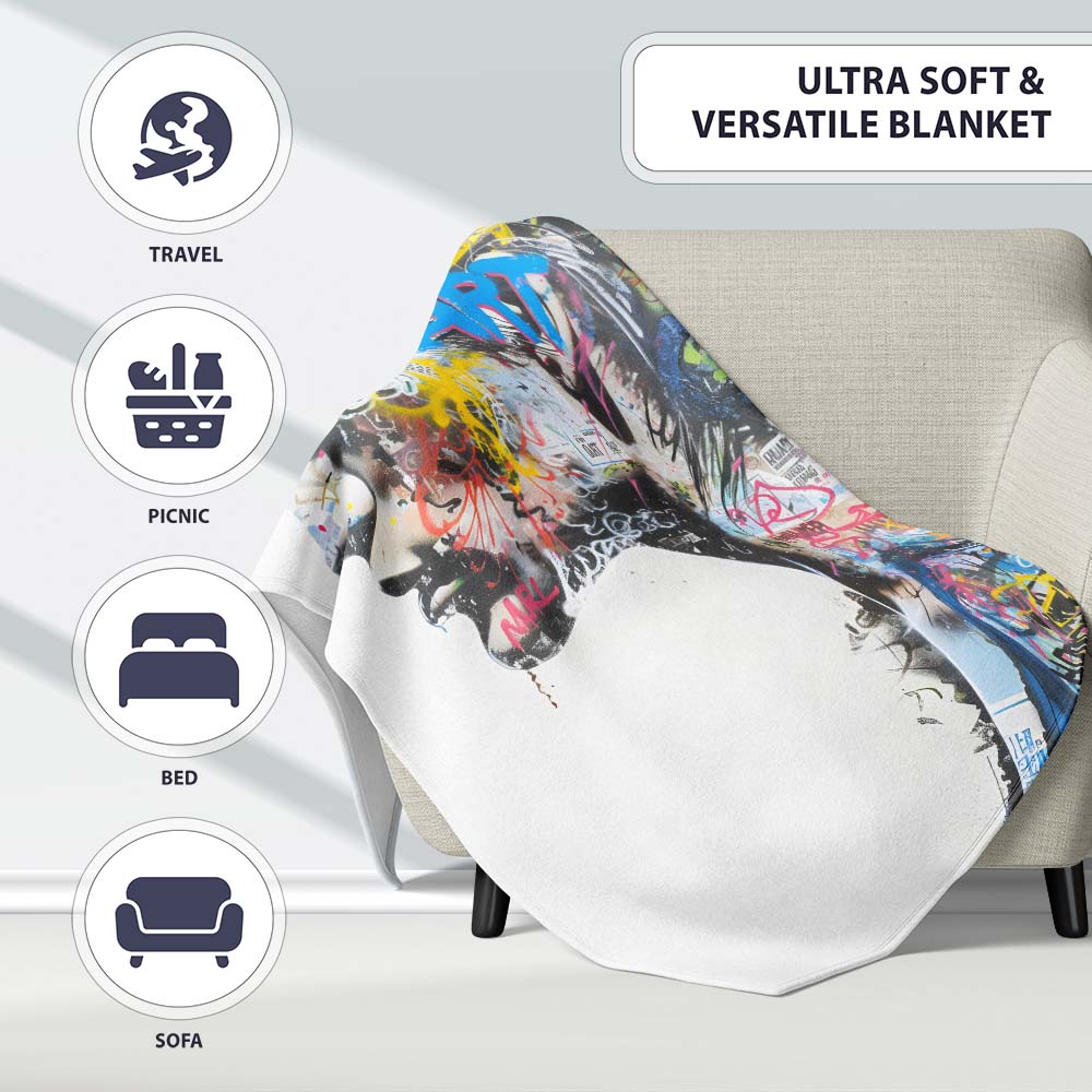 Colourful Graffiti Woman Profile Abstract Collage, All Season Comfort, Comfortable Everyday Use - Super Soft Fleece Blanket Bed Sofa Throw