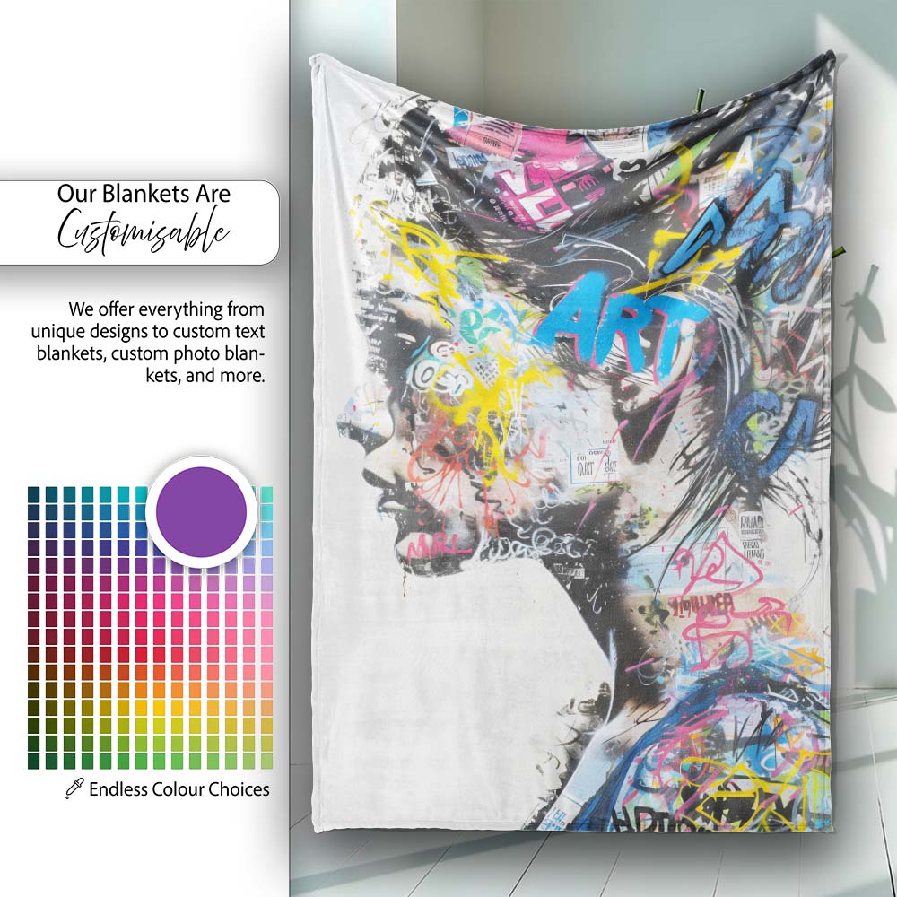 Colourful Graffiti Woman Profile Abstract Collage, All Season Comfort, Comfortable Everyday Use - Super Soft Fleece Blanket Bed Sofa Throw