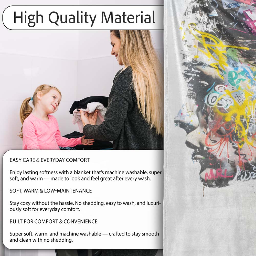 Colourful Graffiti Woman Profile Abstract Collage, All Season Comfort, Comfortable Everyday Use - Super Soft Fleece Blanket Bed Sofa Throw