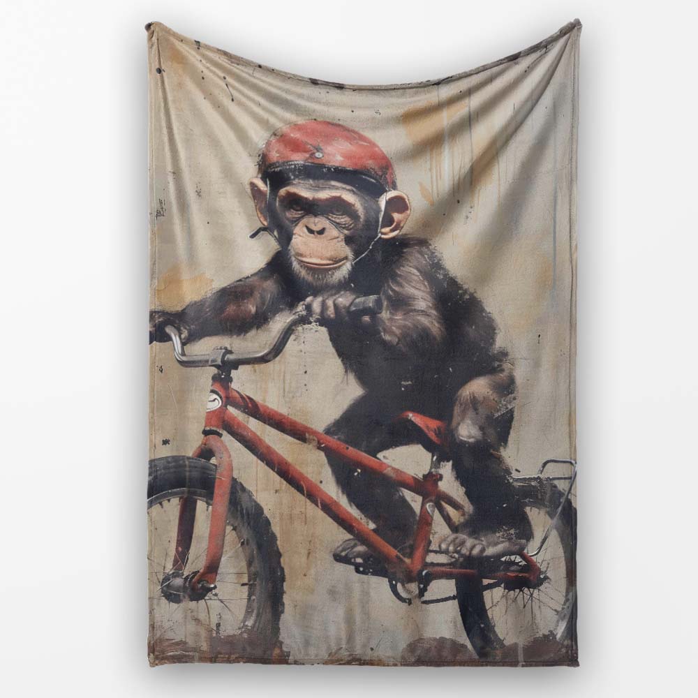 Chimpanzee Riding Red Bicycle Vintage Grunge Art, All Season Comfort, Gift for Adults and Teens - Super Soft Fleece Blanket Bed Sofa Throw