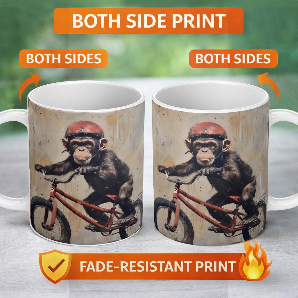 Chimpanzee Riding Red Bicycle Vintage Grunge Art 11oz Ceramic Coffee Tea Mug White Large Handle