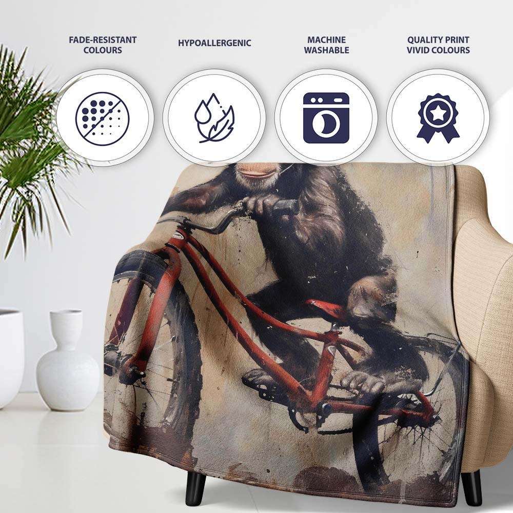 Chimpanzee Riding Red Bicycle Vintage Grunge Art, All Season Comfort, Gift for Adults and Teens - Super Soft Fleece Blanket Bed Sofa Throw