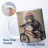 Chimpanzee Riding Red Bicycle Vintage Grunge Art 11oz Ceramic Coffee Tea Mug White Large Handle