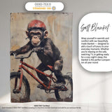 Chimpanzee Riding Red Bicycle Vintage Grunge Art, All Season Comfort, Gift for Adults and Teens - Super Soft Fleece Blanket Bed Sofa Throw