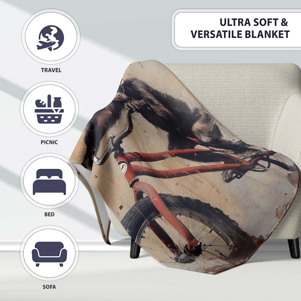Chimpanzee Riding Red Bicycle Vintage Grunge Art, All Season Comfort, Gift for Adults and Teens - Super Soft Fleece Blanket Bed Sofa Throw