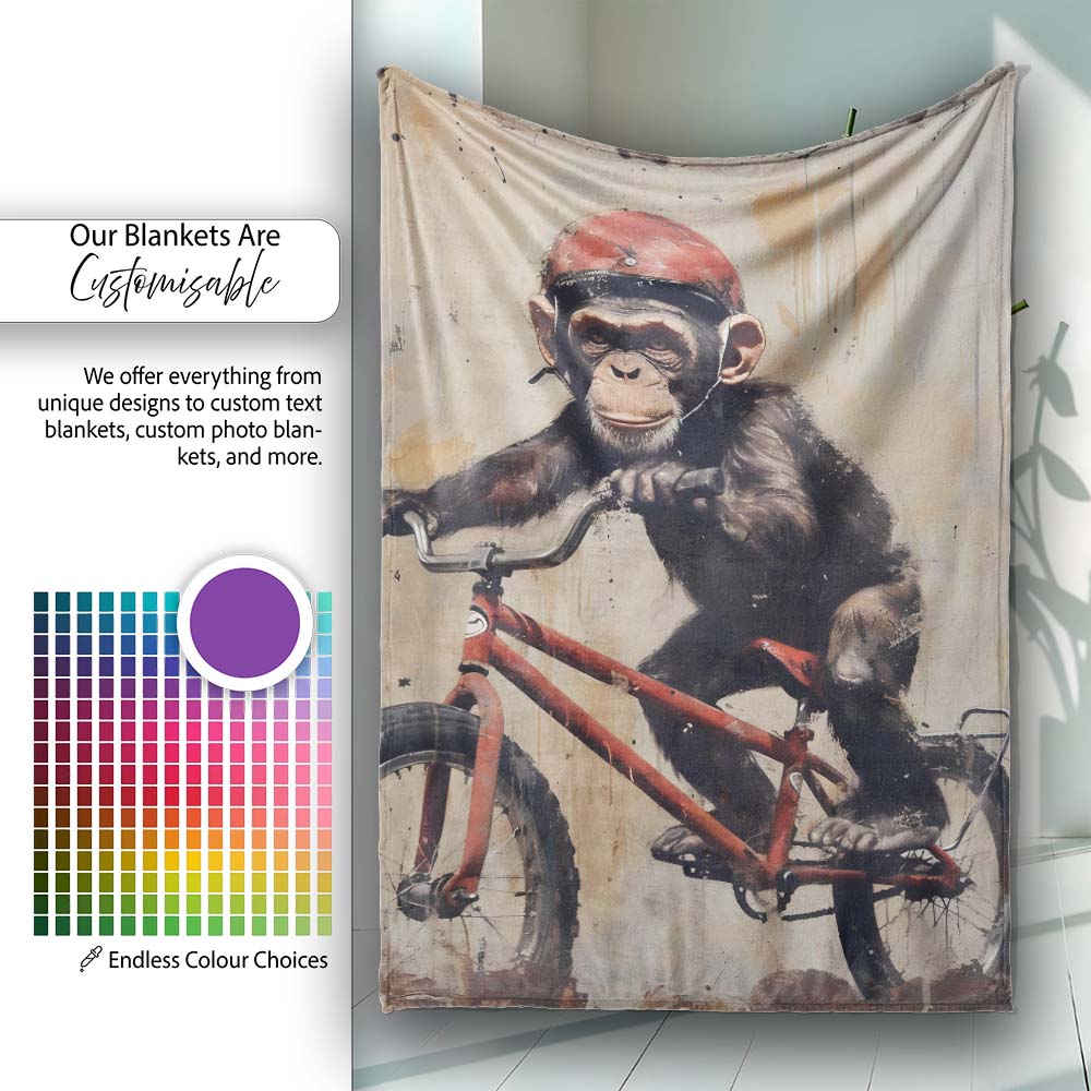 Chimpanzee Riding Red Bicycle Vintage Grunge Art, All Season Comfort, Gift for Adults and Teens - Super Soft Fleece Blanket Bed Sofa Throw