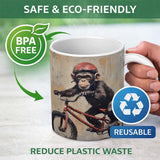 Chimpanzee Riding Red Bicycle Vintage Grunge Art 11oz Ceramic Coffee Tea Mug White Large Handle