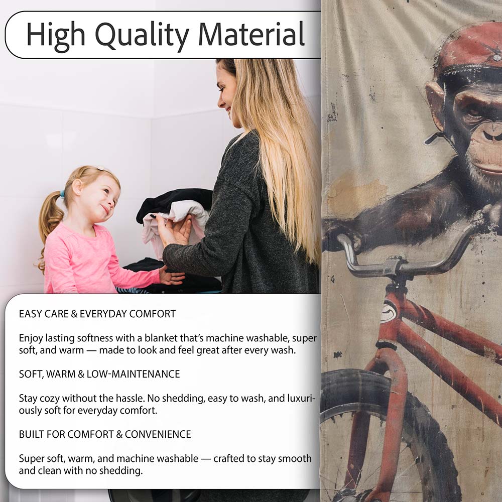 Chimpanzee Riding Red Bicycle Vintage Grunge Art, All Season Comfort, Gift for Adults and Teens - Super Soft Fleece Blanket Bed Sofa Throw