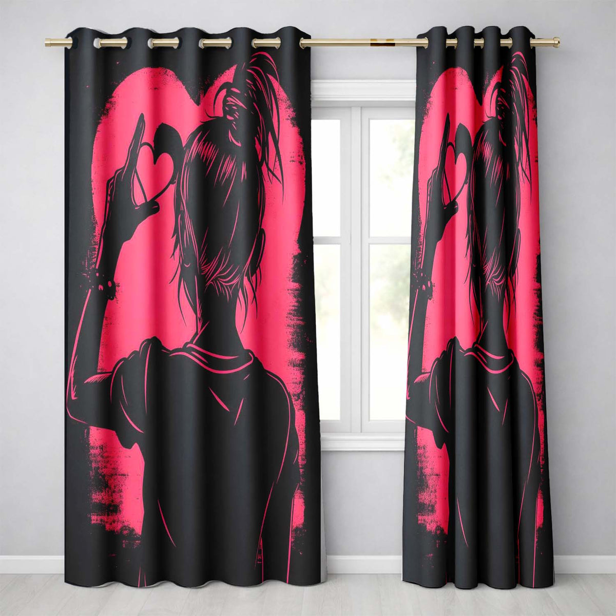 Pink Heart Hand Gesture Woman Silhouette Pop Art Contemporary Artistic Home Decor Readymade Eyelet Ring Top Thermal 100% Blackout Curtains