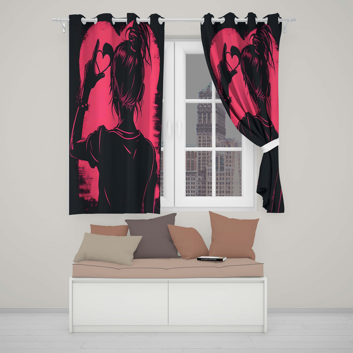 Pink Heart Hand Gesture Woman Silhouette Pop Art Contemporary Artistic Home Decor Readymade Eyelet Ring Top Thermal 100% Blackout Curtains