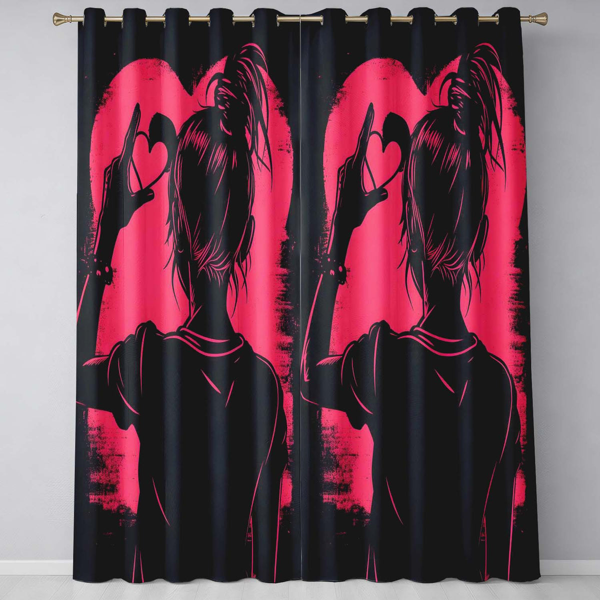 Pink Heart Hand Gesture Woman Silhouette Pop Art Contemporary Artistic Home Decor Readymade Eyelet Ring Top Thermal 100% Blackout Curtains