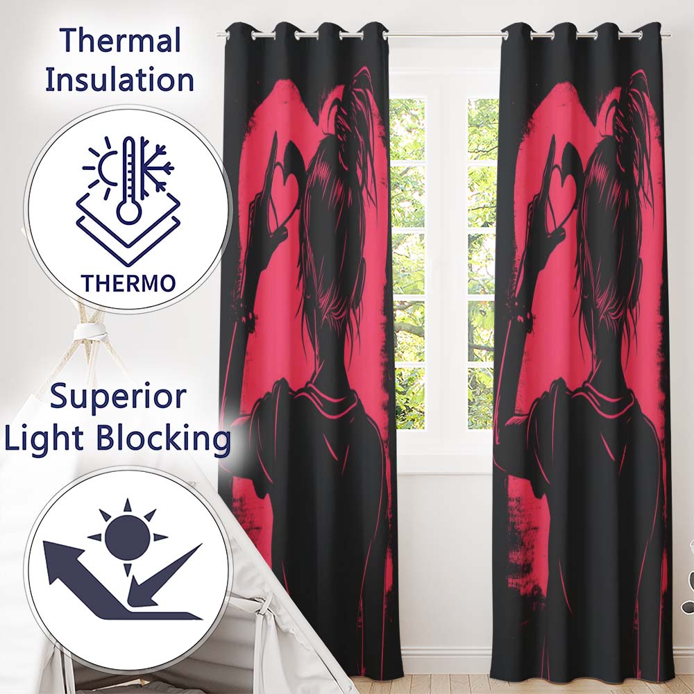 Pink Heart Hand Gesture Woman Silhouette Pop Art Contemporary Artistic Home Decor Readymade Eyelet Ring Top Thermal 100% Blackout Curtains