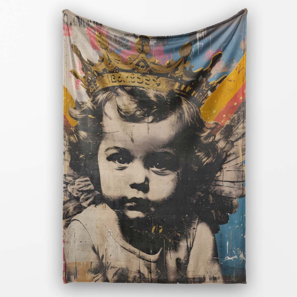Crowned Angel Child Colourful Urban Collage Portrait, Lightweight Comfortable Decorative Accent - Super Soft Fleece Blanket Bed Sofa Throw