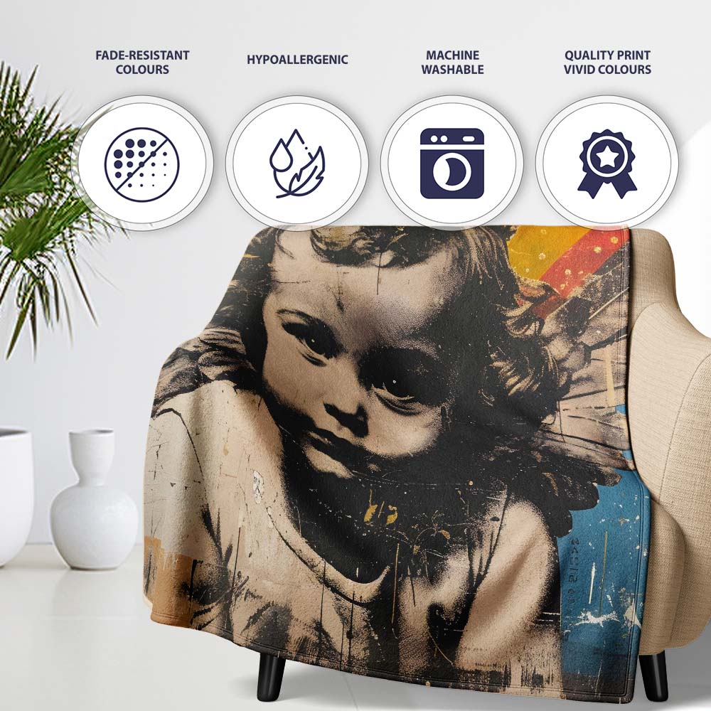Crowned Angel Child Colourful Urban Collage Portrait, Lightweight Comfortable Decorative Accent - Super Soft Fleece Blanket Bed Sofa Throw