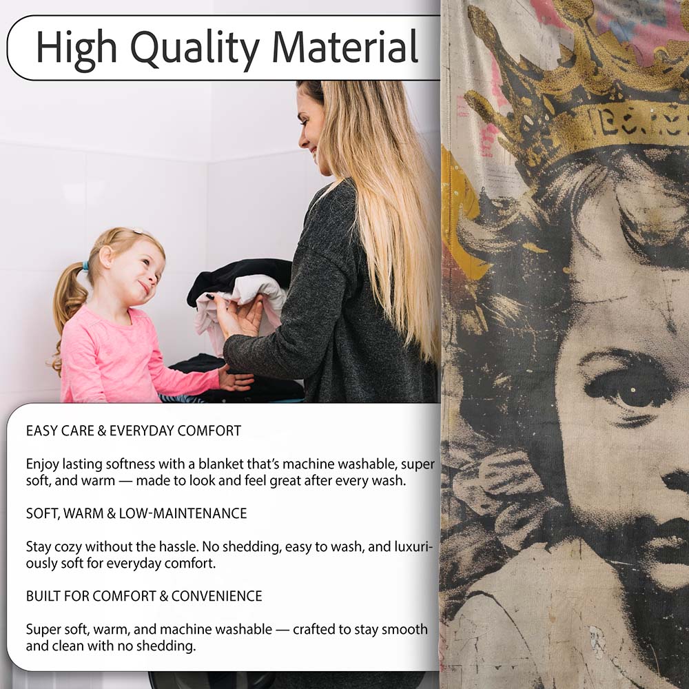 Crowned Angel Child Colourful Urban Collage Portrait, Lightweight Comfortable Decorative Accent - Super Soft Fleece Blanket Bed Sofa Throw
