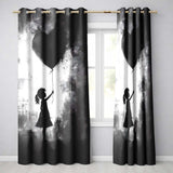 Girl Holding Black Heart Balloon Dark Monochrome Art Timeless Artistic Home Decor Readymade Eyelet Ring Top Thermal 100% Blackout Curtains