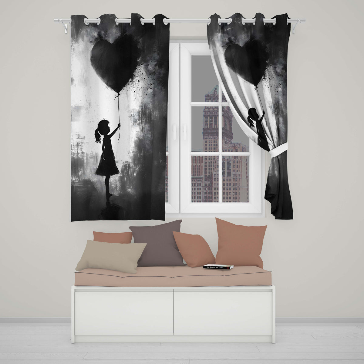 Girl Holding Black Heart Balloon Dark Monochrome Art Timeless Artistic Home Decor Readymade Eyelet Ring Top Thermal 100% Blackout Curtains