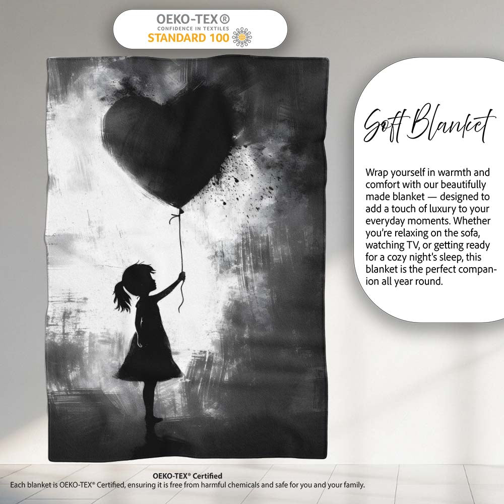 Girl Holding Black Heart Balloon Dark Monochrome Art, Lightweight Comfortable Decorative Accent - Super Soft Fleece Blanket Bed Sofa Throw