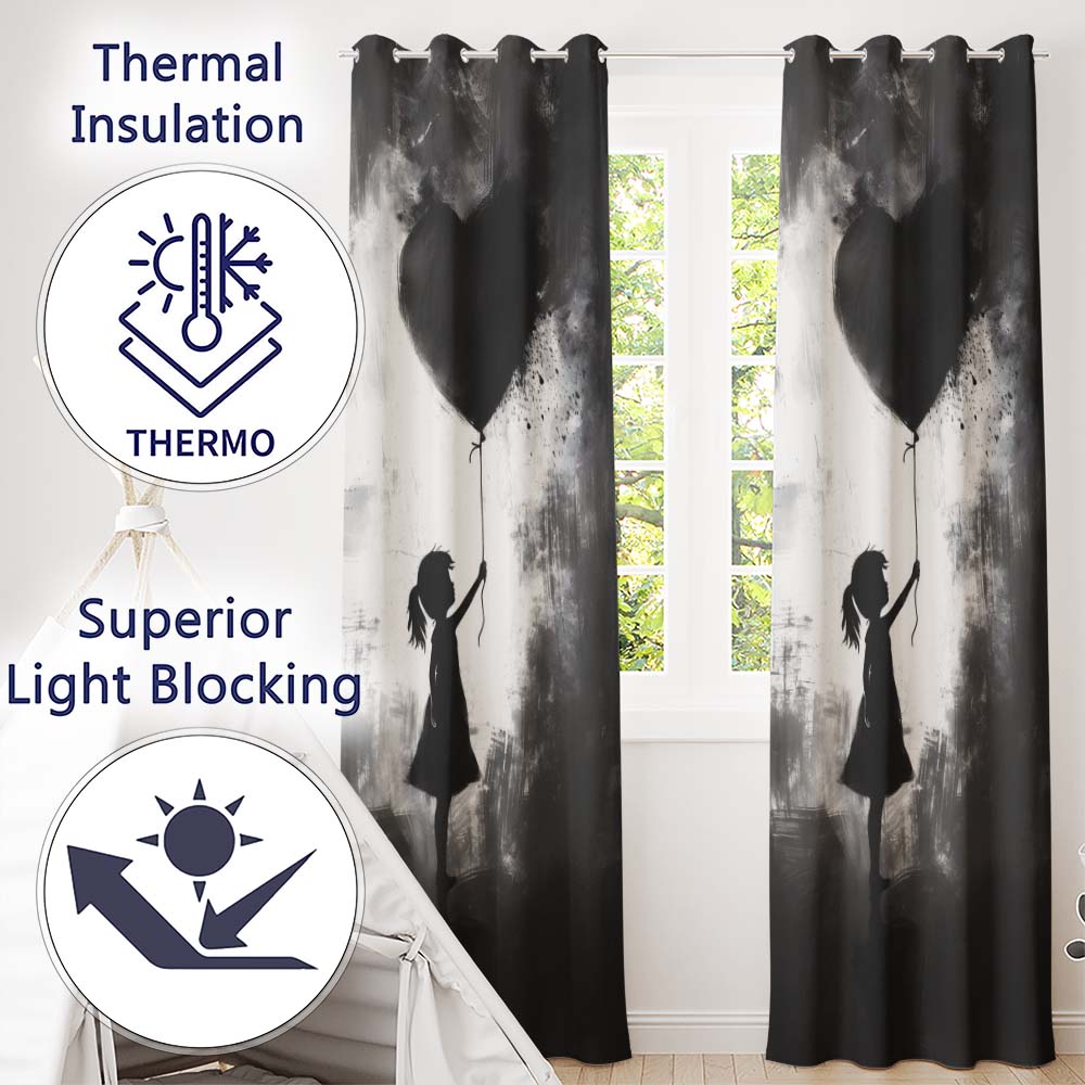 Girl Holding Black Heart Balloon Dark Monochrome Art Timeless Artistic Home Decor Readymade Eyelet Ring Top Thermal 100% Blackout Curtains
