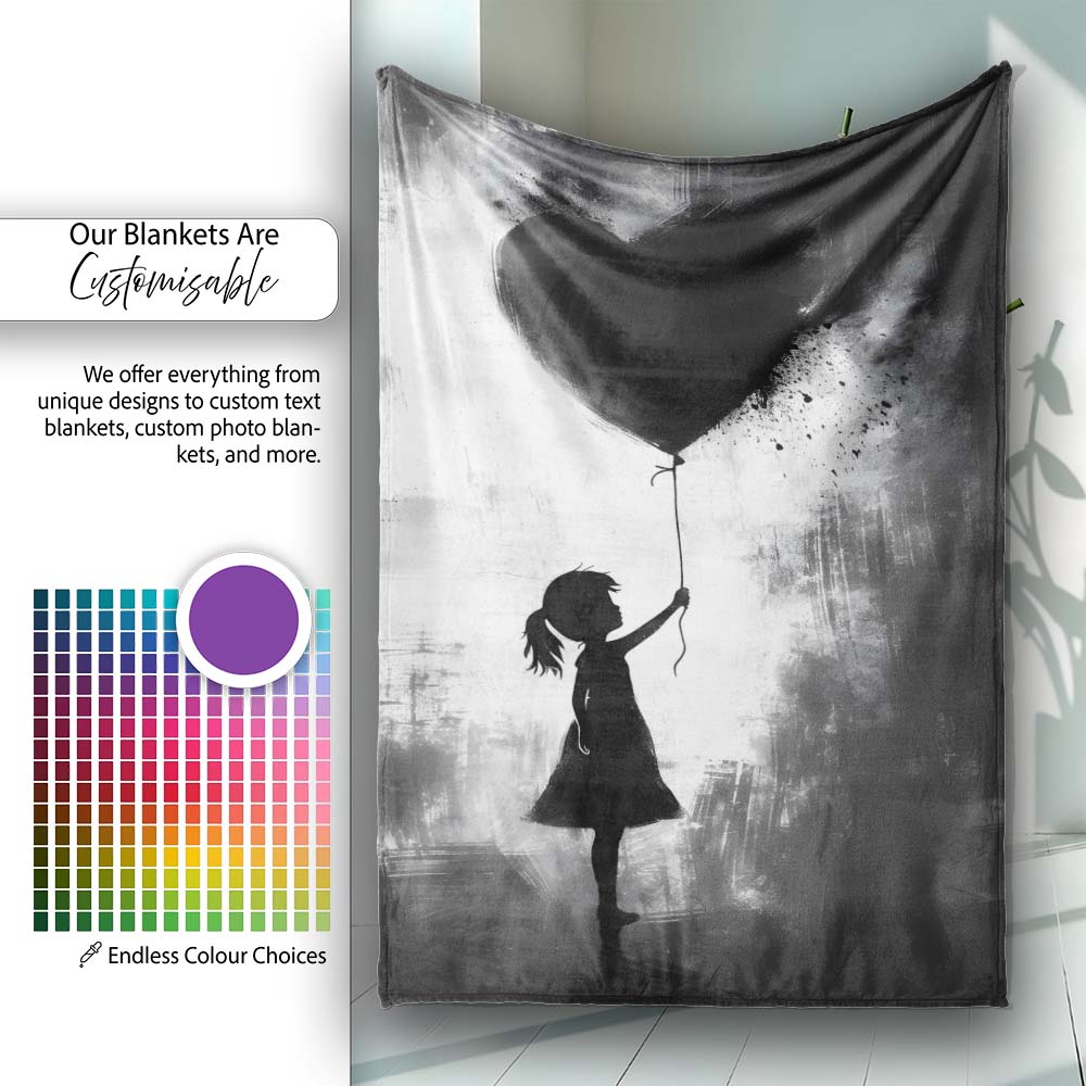 Girl Holding Black Heart Balloon Dark Monochrome Art, Lightweight Comfortable Decorative Accent - Super Soft Fleece Blanket Bed Sofa Throw