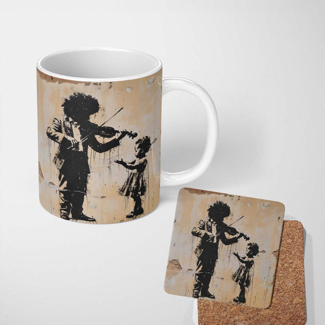Street Violin Player Child Silhouette Urban Graffiti Artwork 11oz Ceramic Coffee Tea Mug White Large Handle