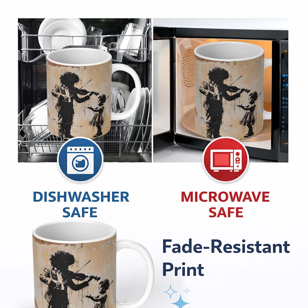 Street Violin Player Child Silhouette Urban Graffiti Artwork 11oz Ceramic Coffee Tea Mug White Large Handle