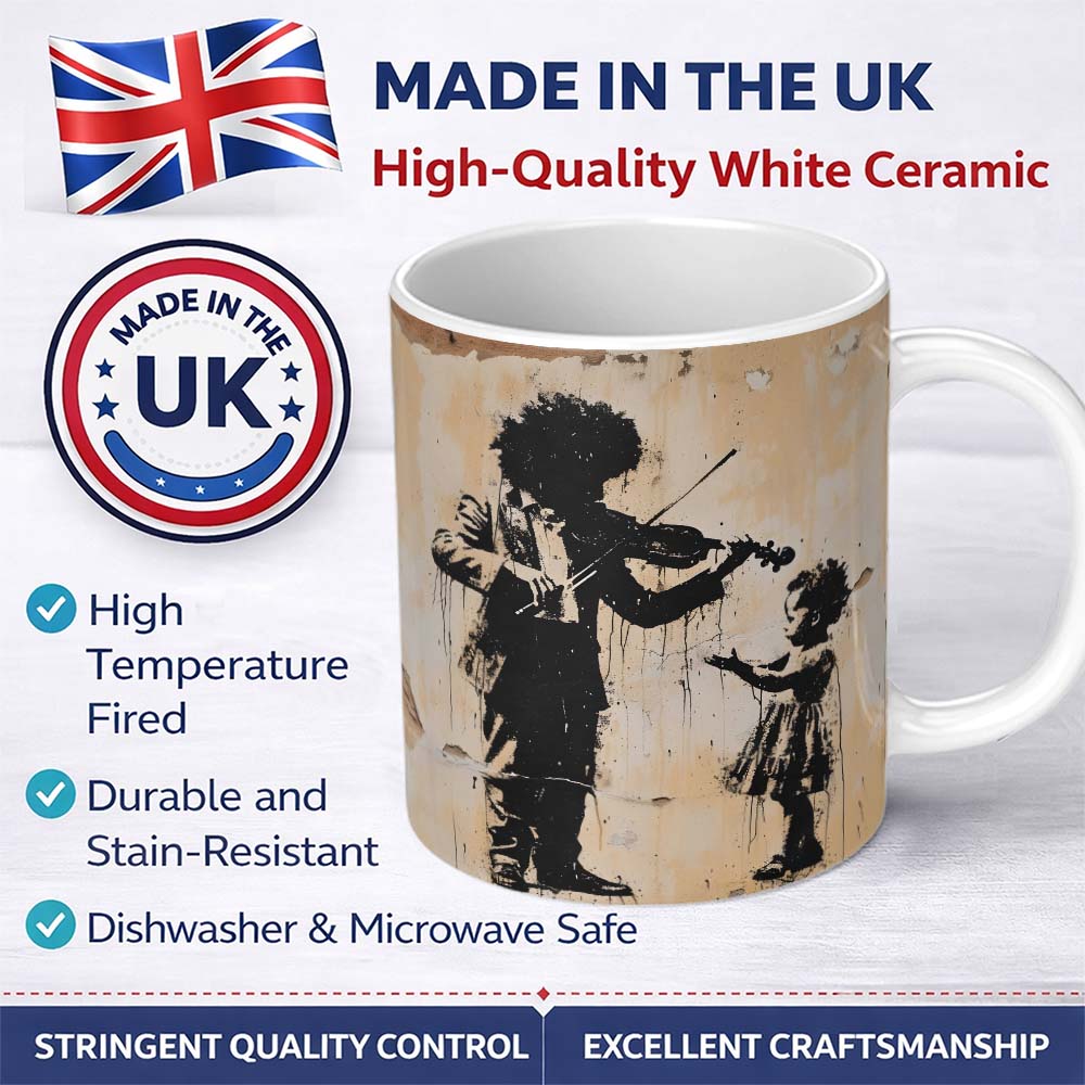 Street Violin Player Child Silhouette Urban Graffiti Artwork 11oz Ceramic Coffee Tea Mug White Large Handle
