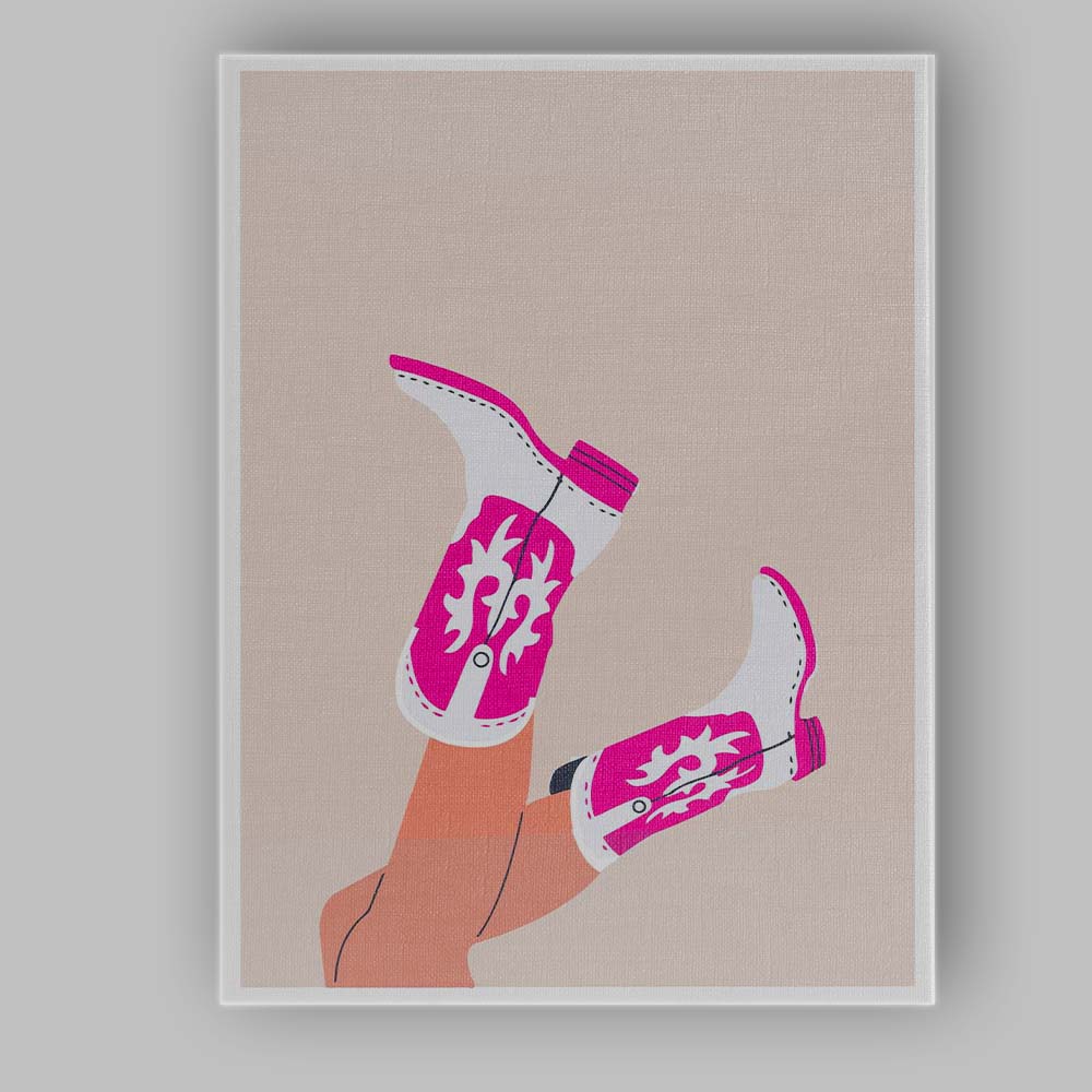 Pink White Embroidered Cowboy Boots Minimalist Fashion Canvas Wall Art Print Decor Picture Ready to Hang