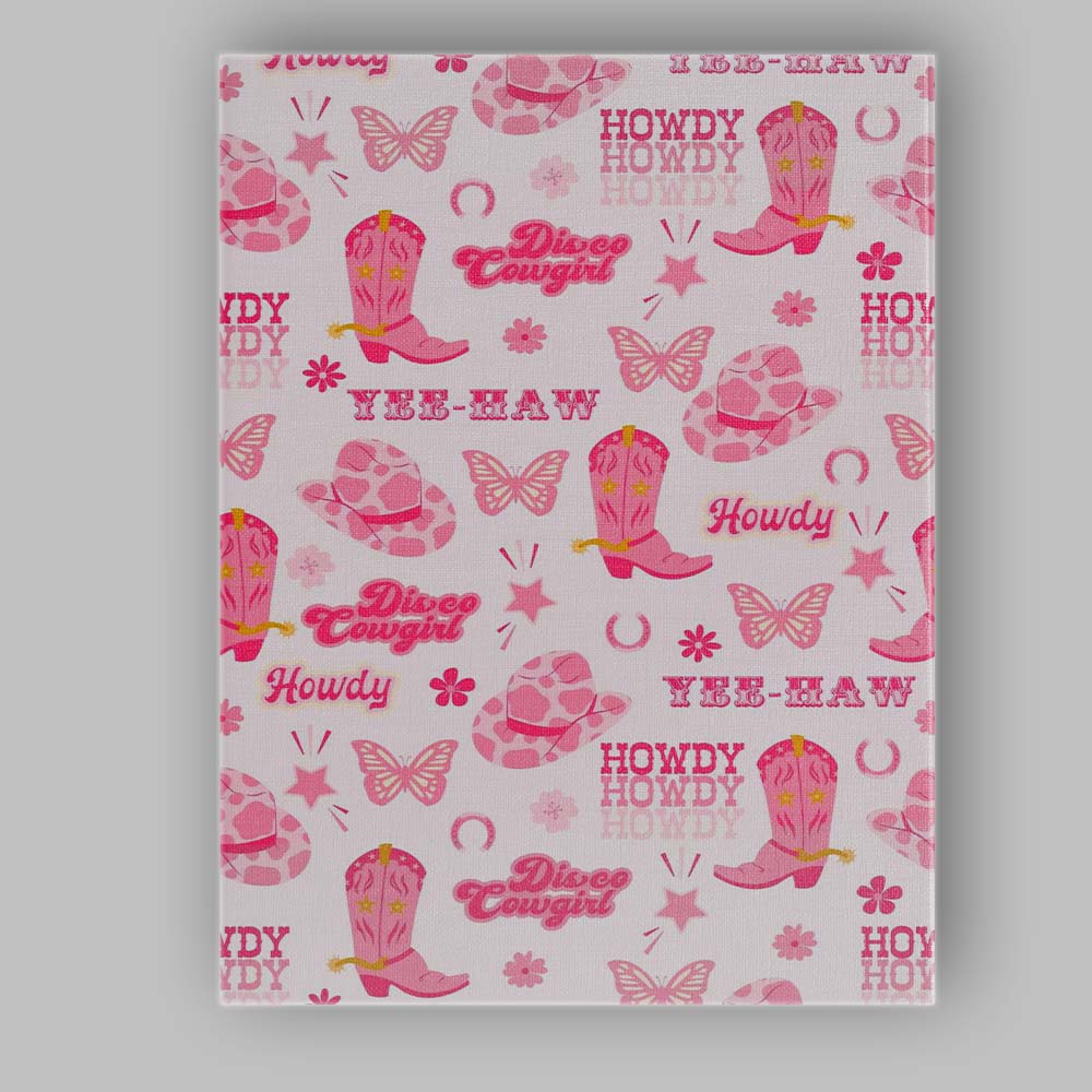 Pink Disco Cowgirl Western Boots Hats Butterfly Repeat Pattern Canvas Wall Art Print Decor Picture Ready to Hang