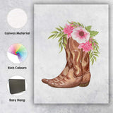 Watercolour Brown Cowboy Boots Pink Wildflower Floral Bouquet Canvas Wall Art Print Decor Picture Ready to Hang