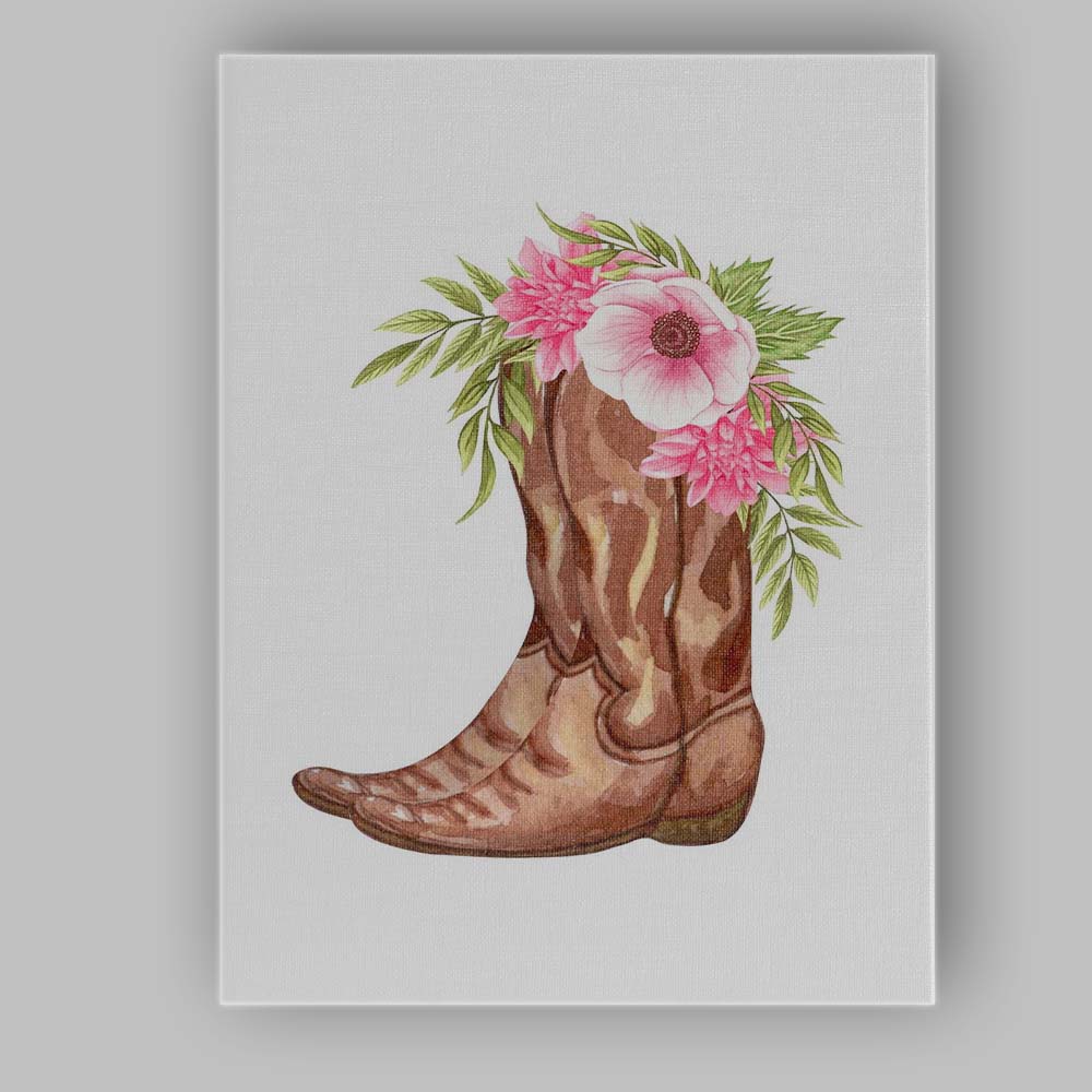 Watercolour Brown Cowboy Boots Pink Wildflower Floral Bouquet Canvas Wall Art Print Decor Picture Ready to Hang