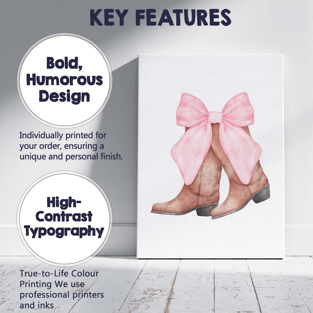Watercolour Brown Cowboy Boots Pink Ribbon Bow Illustration Canvas Wall Art Print Decor Picture Ready to Hang
