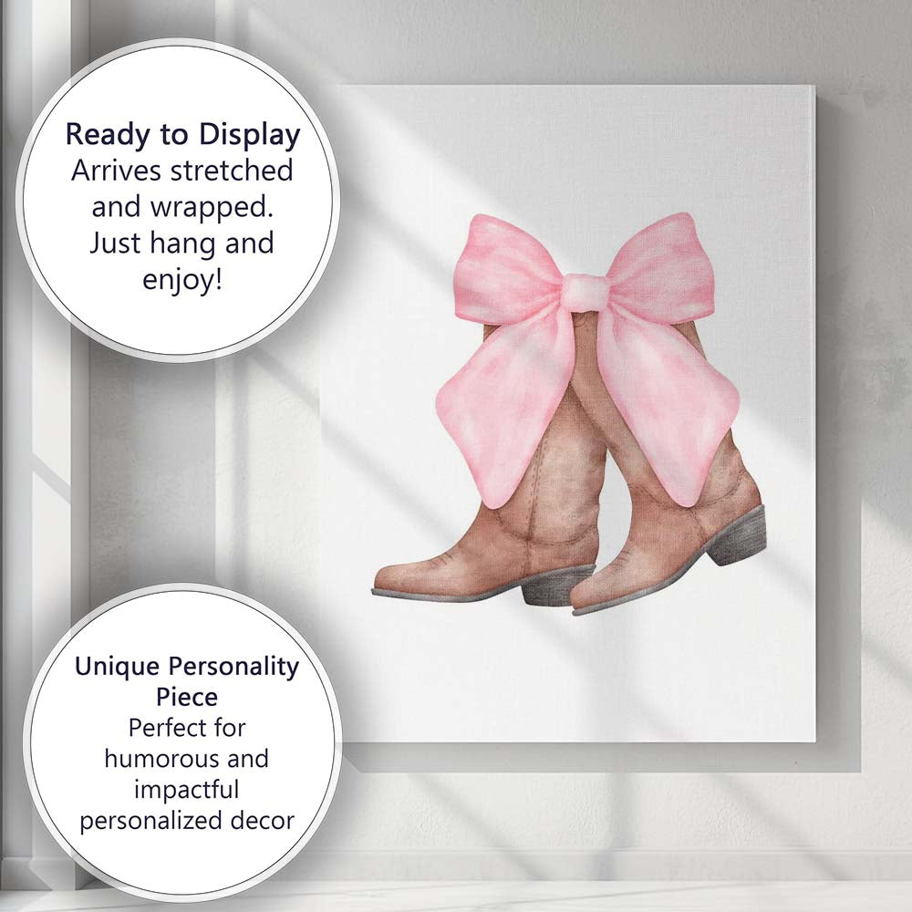 Watercolour Brown Cowboy Boots Pink Ribbon Bow Illustration Canvas Wall Art Print Decor Picture Ready to Hang