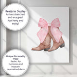 Watercolour Brown Cowboy Boots Pink Ribbon Bow Illustration Canvas Wall Art Print Decor Picture Ready to Hang
