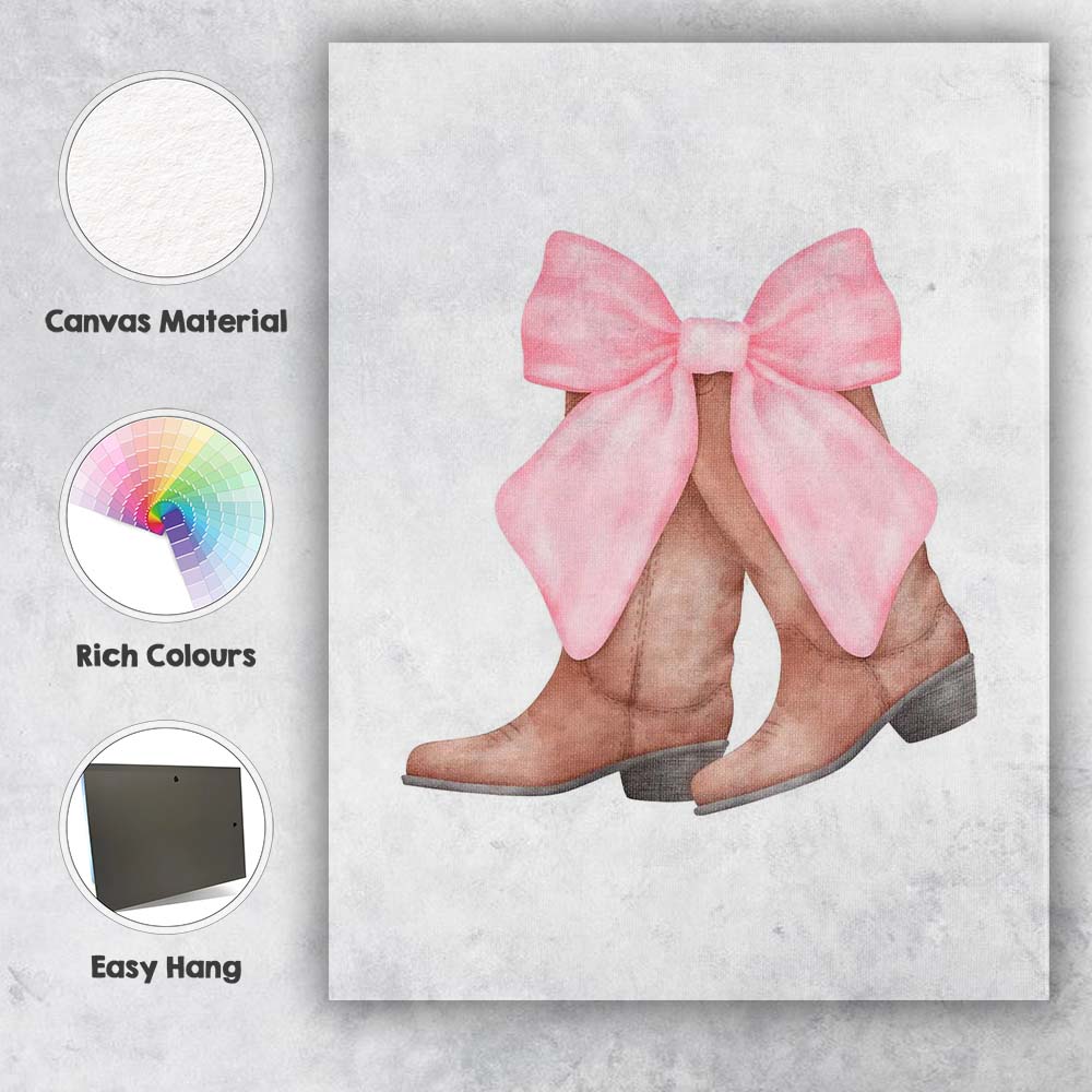 Watercolour Brown Cowboy Boots Pink Ribbon Bow Illustration Canvas Wall Art Print Decor Picture Ready to Hang