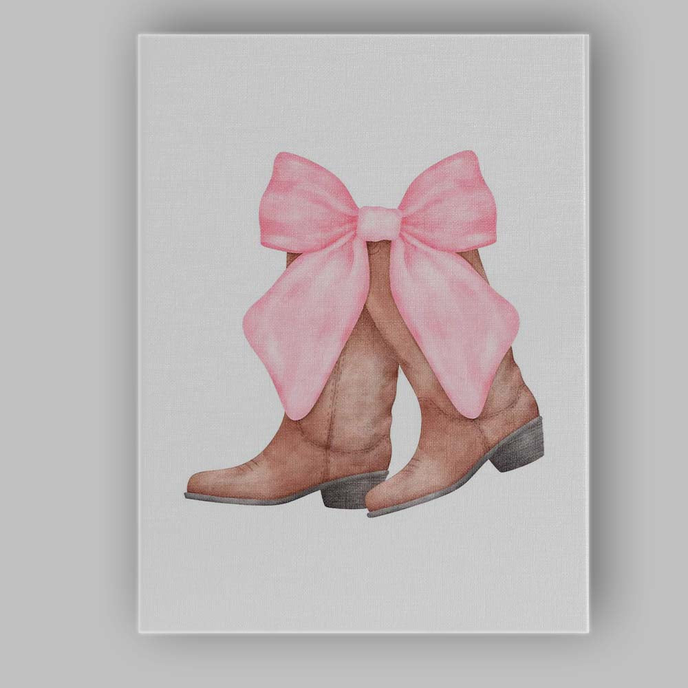 Watercolour Brown Cowboy Boots Pink Ribbon Bow Illustration Canvas Wall Art Print Decor Picture Ready to Hang