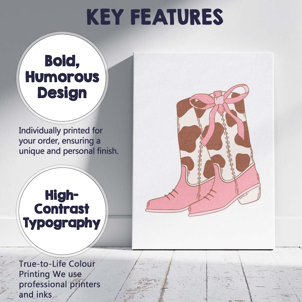 Pink Cow Print Cowboy Boots Ribbon Bow Illustration Canvas Wall Art Print Decor Picture Ready to Hang