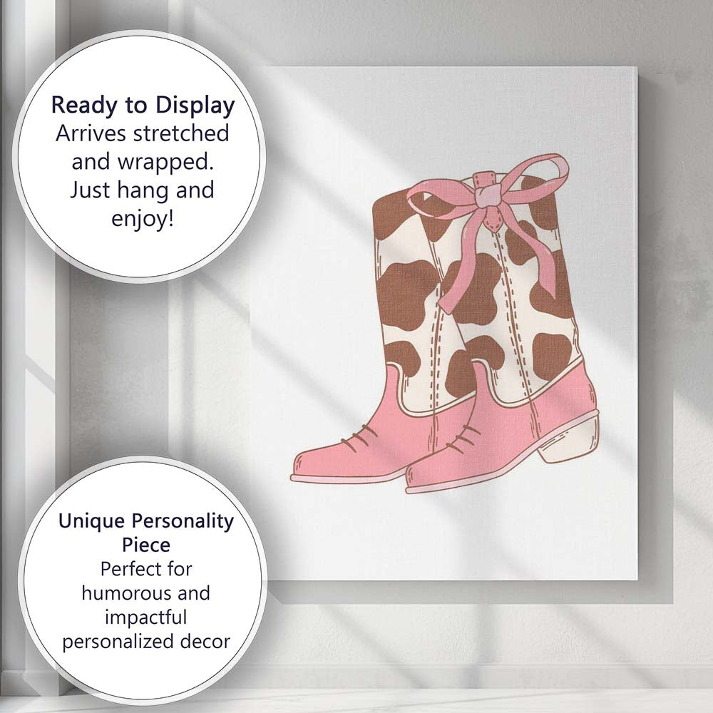 Pink Cow Print Cowboy Boots Ribbon Bow Illustration Canvas Wall Art Print Decor Picture Ready to Hang