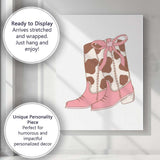 Pink Cow Print Cowboy Boots Ribbon Bow Illustration Canvas Wall Art Print Decor Picture Ready to Hang